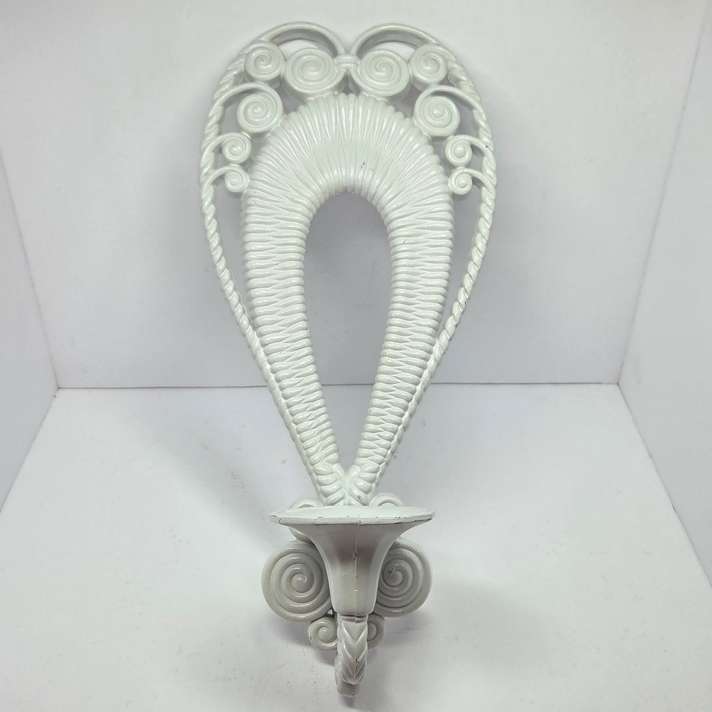 Burwood 1970s Faux Wicker Wall Sconce Candle Holder White Scroll Boho MCM